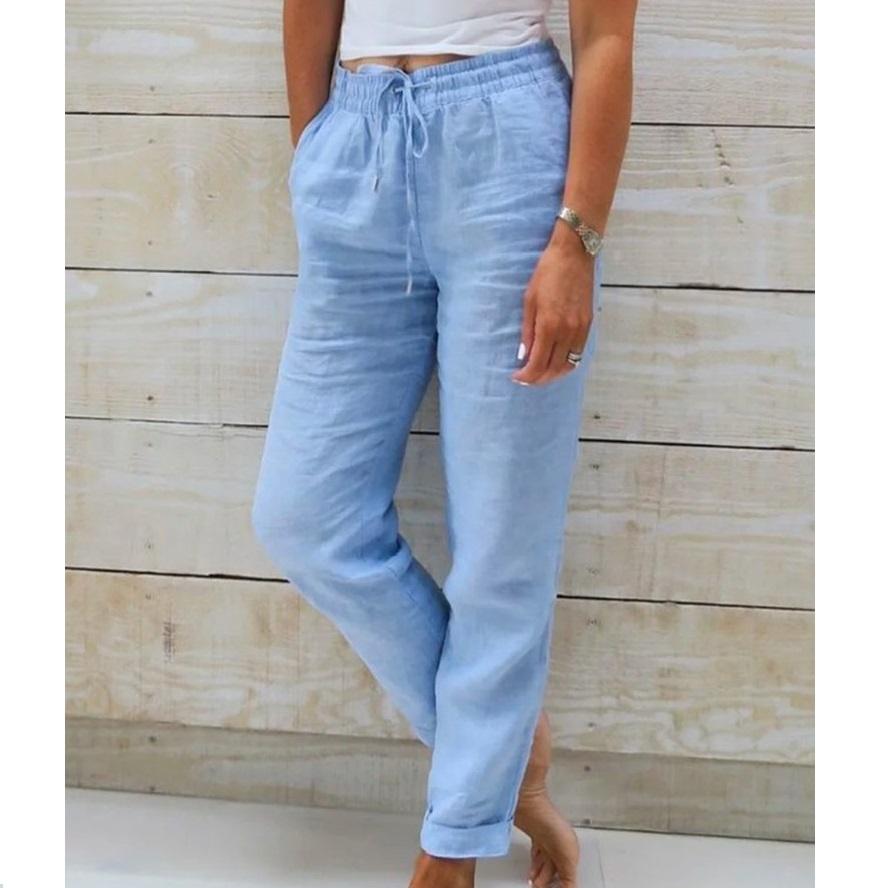 Ladies' high waisted elastic waisted solid color cotton and linen casual pants