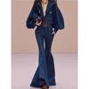 Conjunto de Dos Piezas para Mujer: Vaqueros Azules Retro de Pierna Ancha y Top de Manga Larga