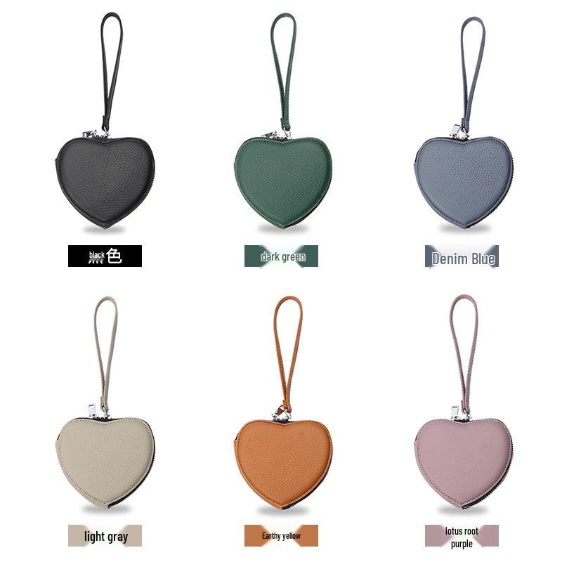 Genuine Leather Heart-Shaped Coin Purse for Women - Cute Korean Style Handheld Wallet for Coins, Lipstick, & Earphones.
