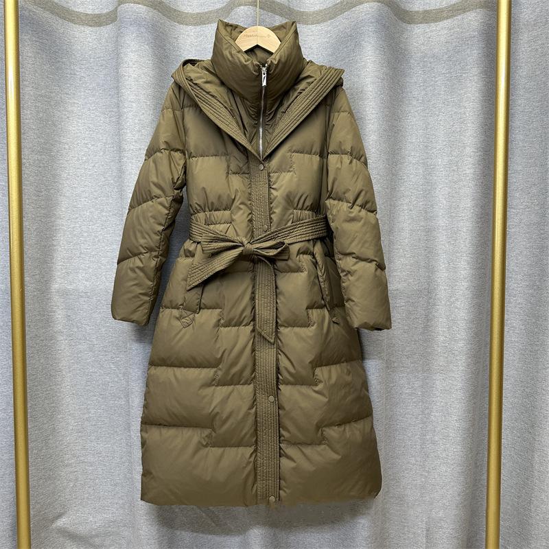 

Женская зимняя осенняя куртка-пуховик с капюшоном из белого утиного пуха, свободное длинное однотонное пальто с большим карманом и поясом на талии XXL хаки