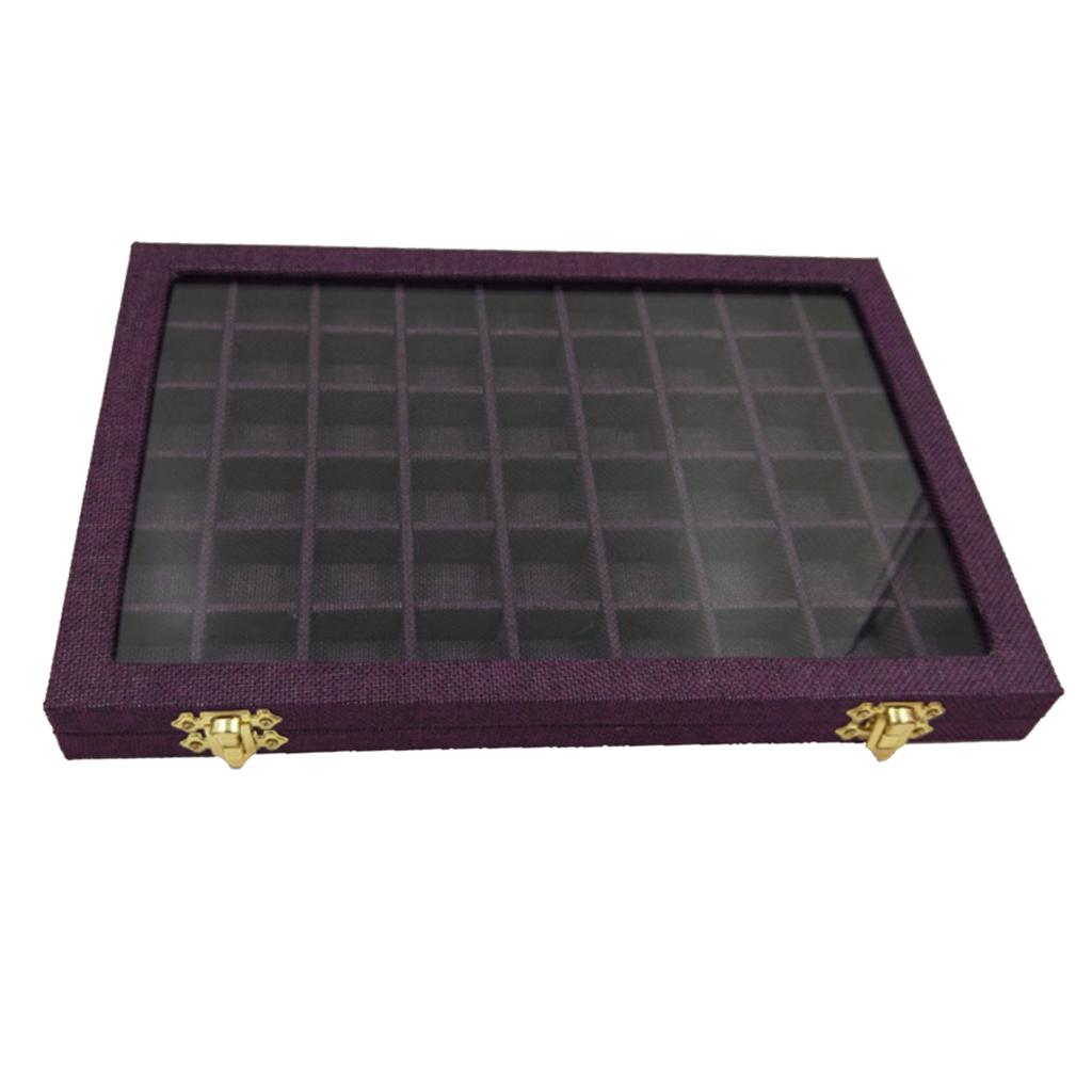 54 Grids Clear Lid Jewelry Tray Showcase Display Storage Linen Case Yellow
