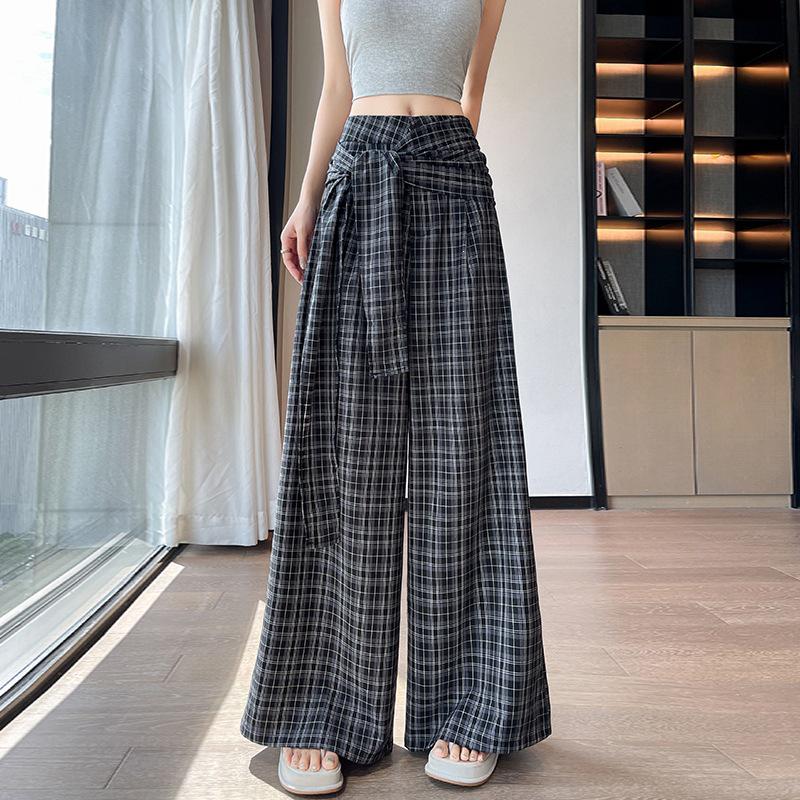 Plaid Strappy High-Waisted Wide-Leg Pants - Women s Korean Style Casual Long Pants Small