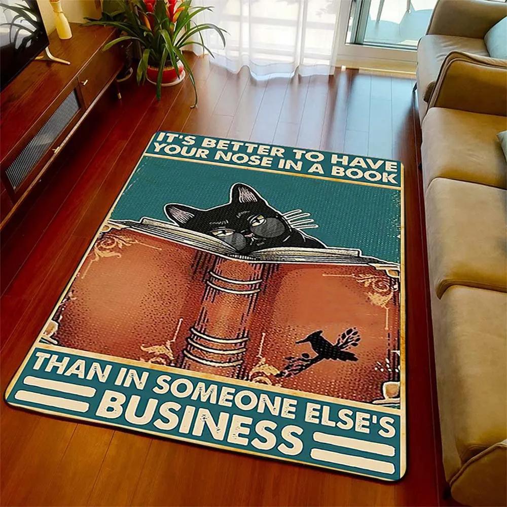 Schwarze Katze Retro Bereichsteppich Teppich Wohnzimmer Heimdeko Sofa Teppich Rutschfest Stuhlkissen Lounge Matte Halloween Hexen Dekoration