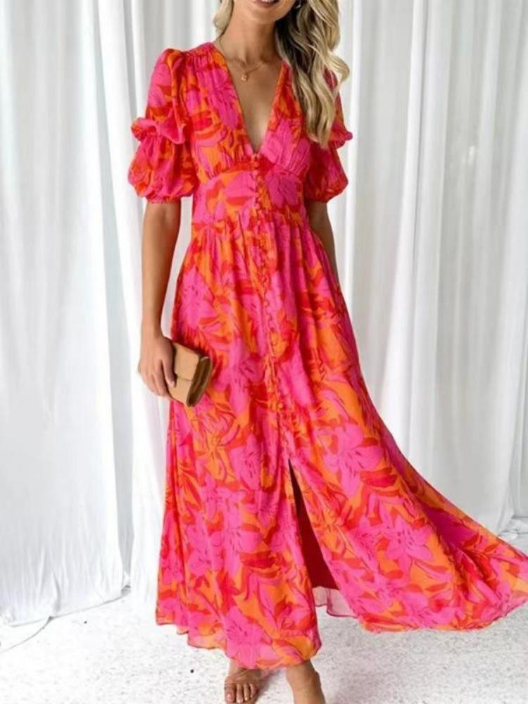 Elegant V Neck Button Dress Women Fashion Short Sleeve Puffed Sleeve S
