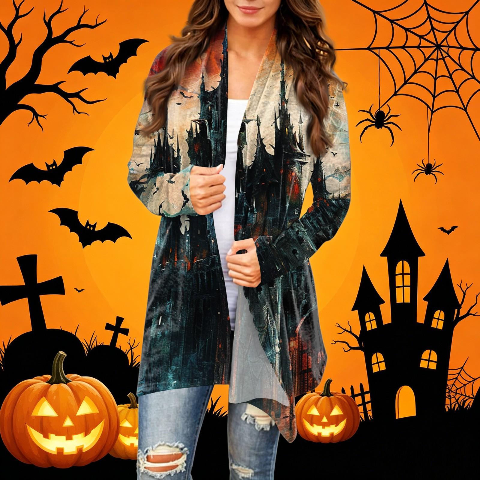Women s Casual Halloween Print Mid-Length Cardigan Coat S