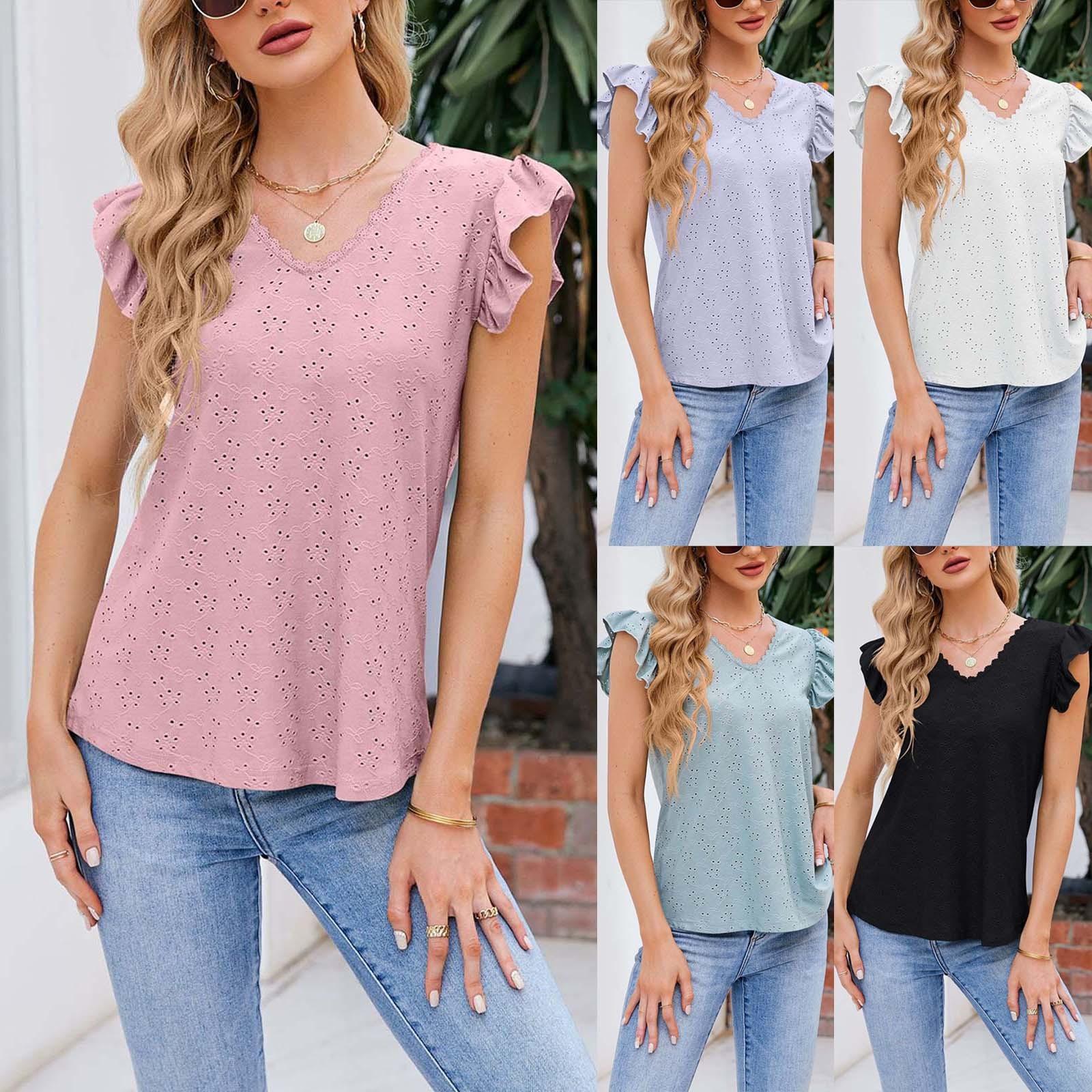 

(Куниде) Женский летний однотонный кружевной топ с полым V-образным вырезом