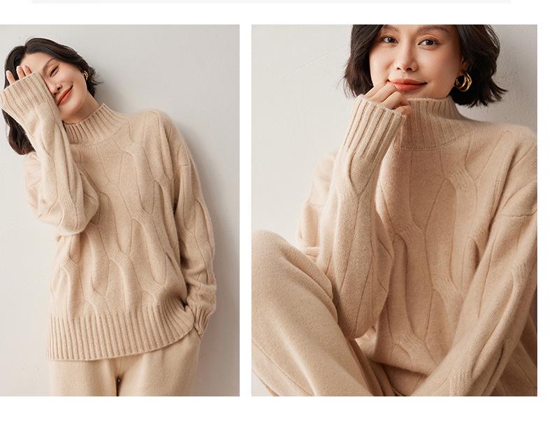 2026 Women's Plus Size Cable Knit Wool Sweater - Semi-High Neck, Thick and Loose Fit for Autumn/Winter