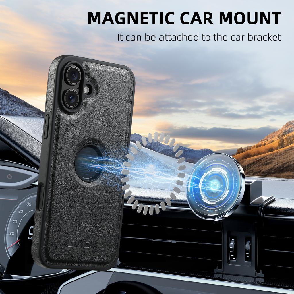 SUTENI G1 For iPhone 16 Magnetic Case Waxy Texture Leather Coated TPU Phone Cover