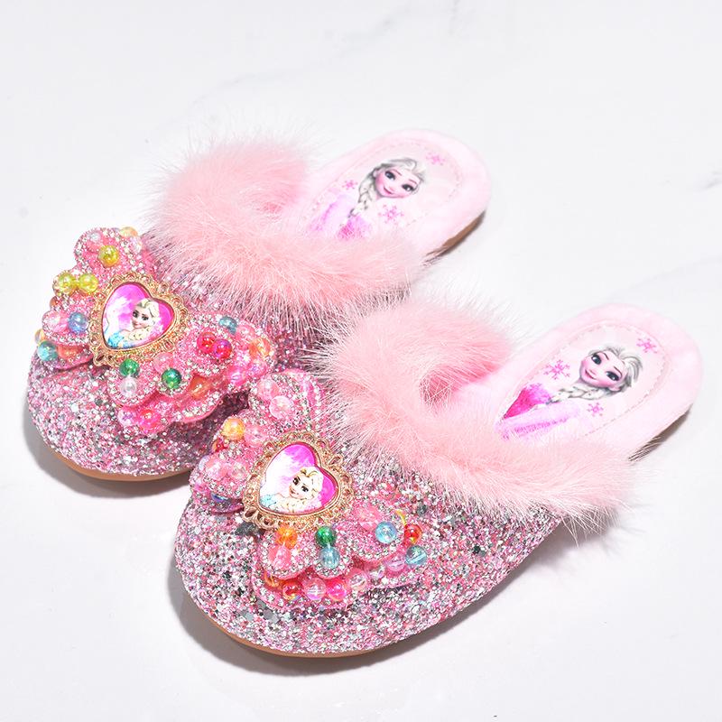 Elsa Winter Plüsch Prinzessin Baumwoll Hausschuhe für Mädchen – Rutschfest, Geschlossene Zehen, Warme Komfortschuhe