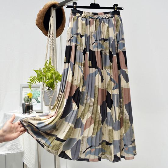 Blommig kjol Resår i midjan Utsökt mönster Extra mjuk Färgäkta Lös passform Uppklädd Polyester Sommar Blomtryckt Klänning Kvinnor Plisserad kjol