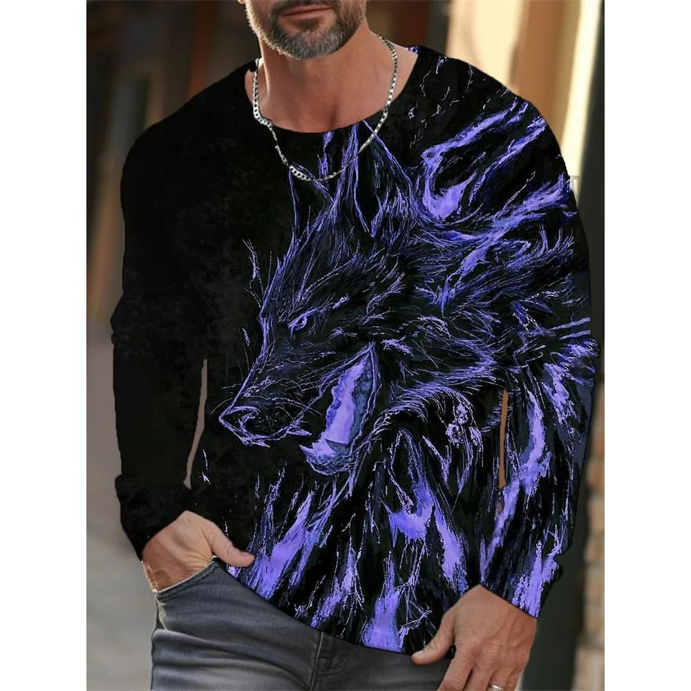 Spring Autumn Fashion Comfortable Loose Soft Casual Versatile Round Neck Long Sleeve T-shirt Creative Fun Animal Geometry 3D Printed Men's T-shirt