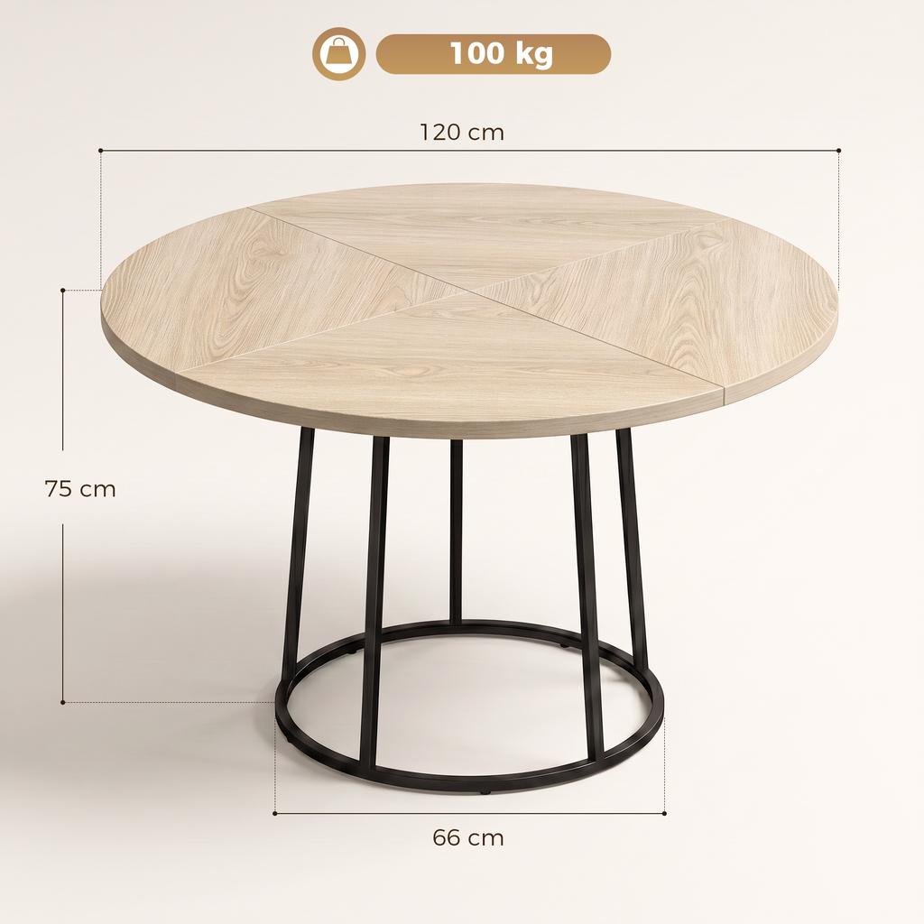 Round Dining Table for 4-6, 120 x 75 cm Diameter, Conical Metal Base, Natural Wood