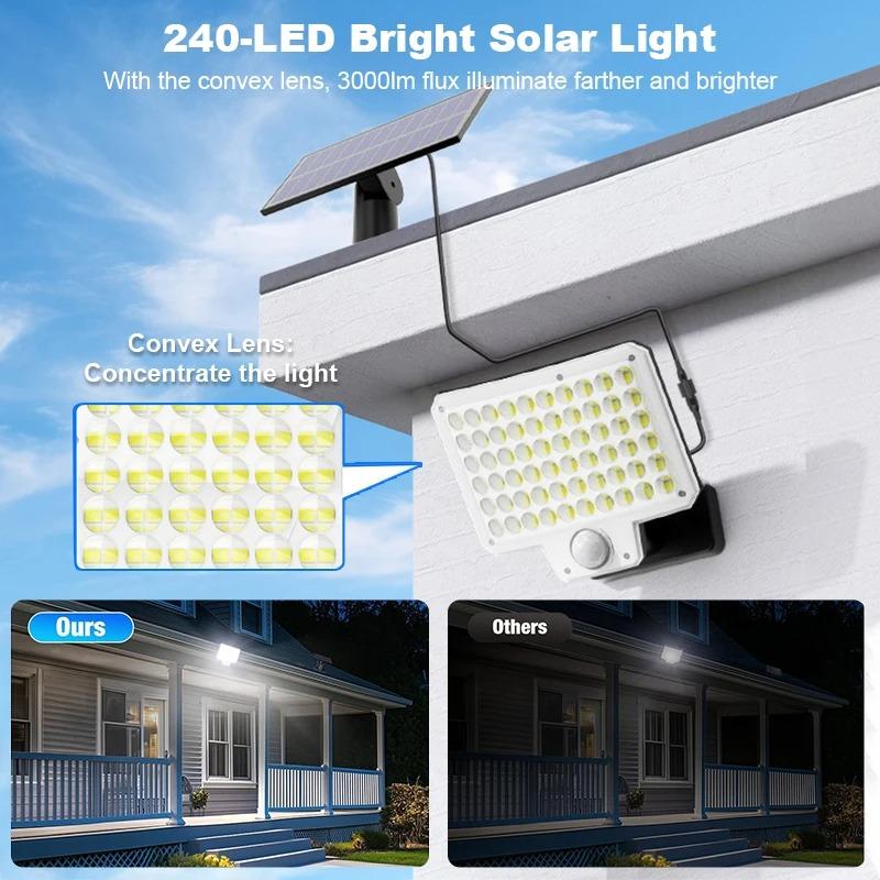 Solar Outdoor Lights 240 LED 3000LM, Motion Sensor Security Lamp with Remote, IP65 Waterproof Solar Flood Light for Garden Yard