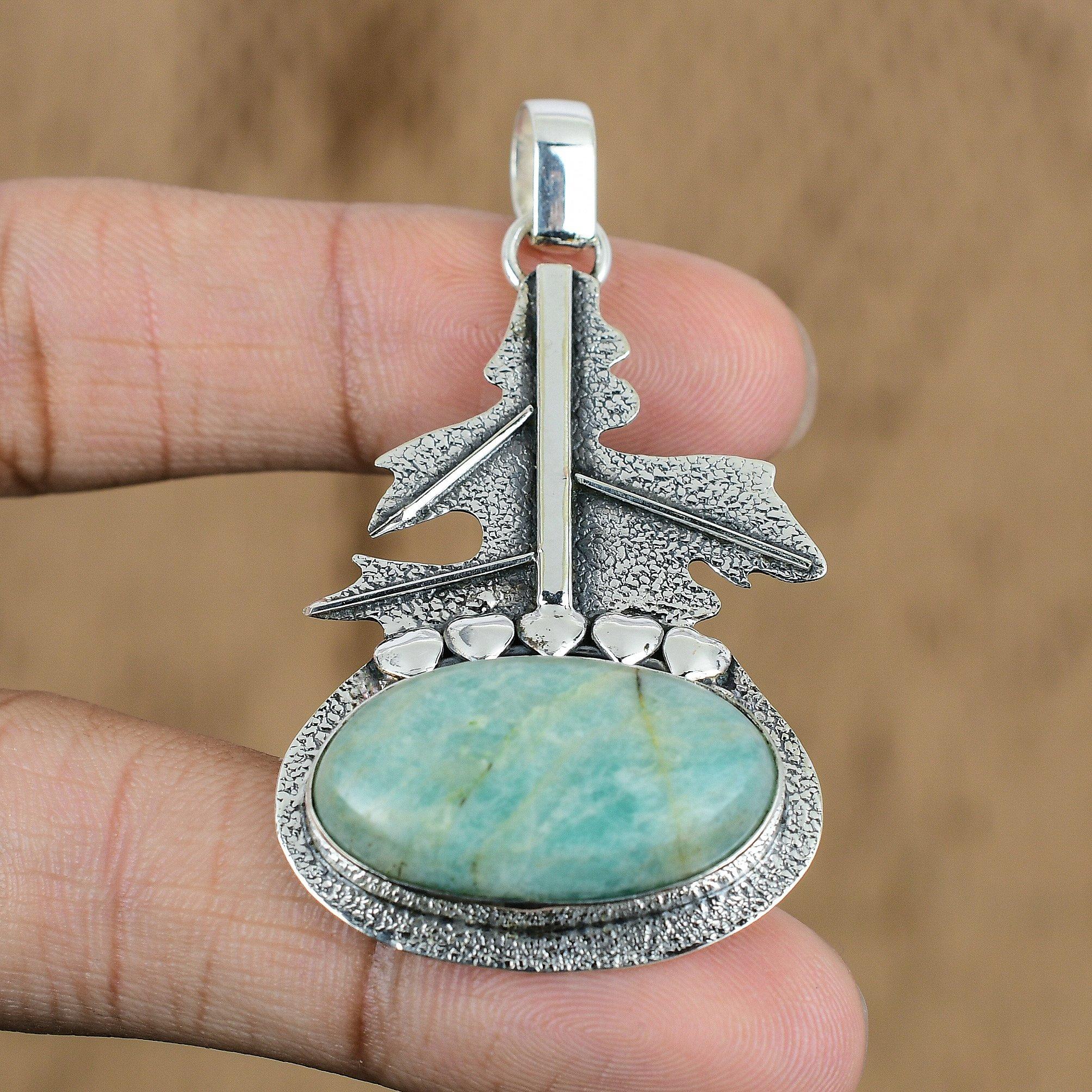 

Natural Amazonite Gemstone Pendant 925 Sterling Silver Indian Jewelry For Women