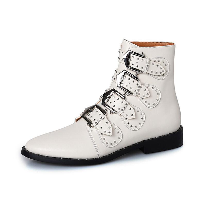 Fashion New Autumn Winter Women Boots Cow Leather Ankle Boot Fashion Rivet Belt Buckle Boots for Women Round Toe Low Heel Western Boots