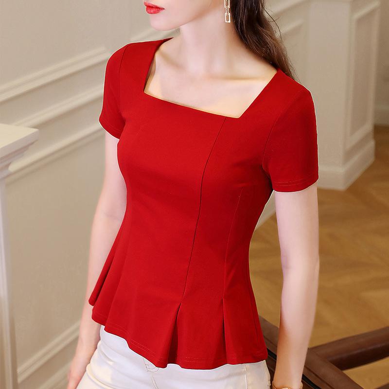 Short-sleeved T-shirt for Women In Summer New Women's Clothing Retro Square Collar Solid Color Cotton T-shirt Umbrella Waist-hugging French Top