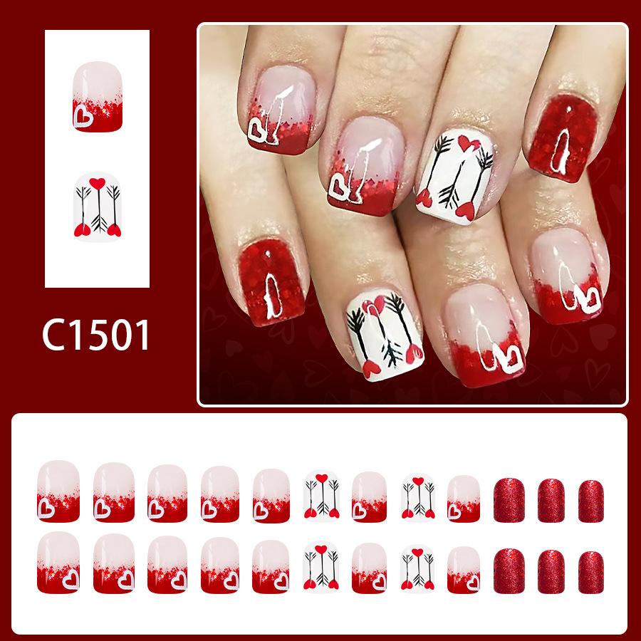 Short Square Red French Glossy Press On Nails with White Heart Glitter 24pcs Valentine Day Wearable Art красный