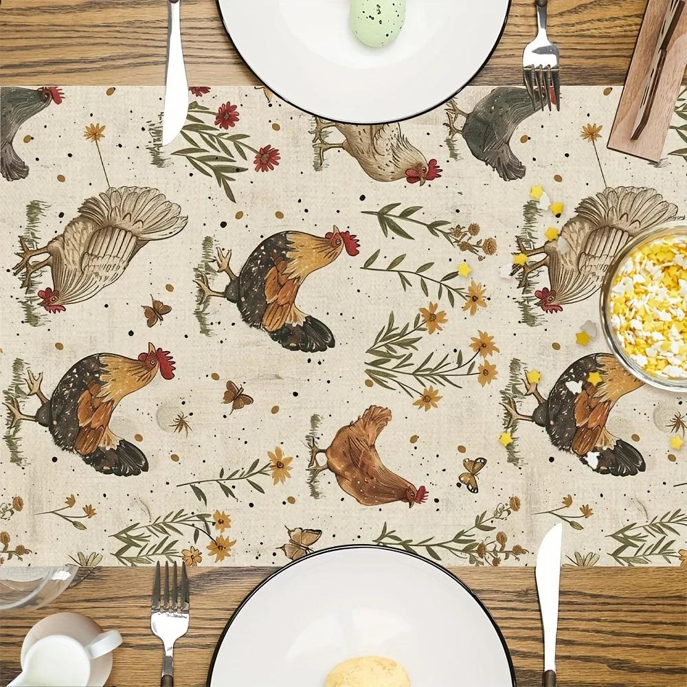 Farmhouse Kitchen Dining Table Linen Table Runner Dresser Scarf with Rooster Hen Wildflower Butterfly Design Party Decor