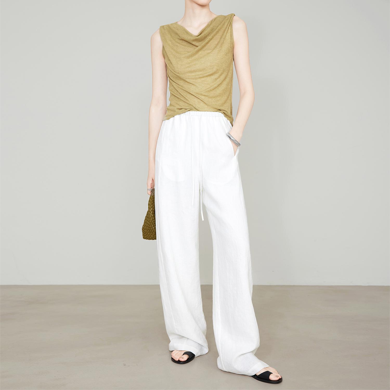 100% Linen Women s Extra Long White Straight-Leg Wide Pants - Relaxed Fit for Summer Extra Large
