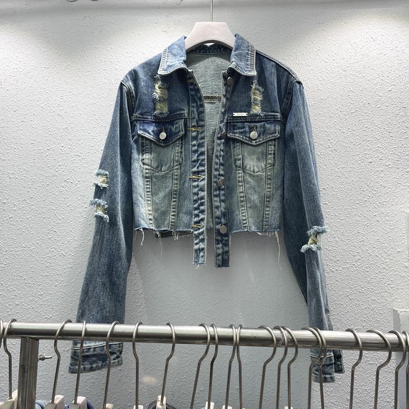 European station autumn new fashion old and thin short denim jacket women s casual ripped niche top S джинсовый синий