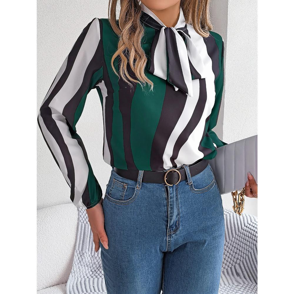 New Style Contrasting Color Striped Lace-up Lantern Sleeve Chiffon Top