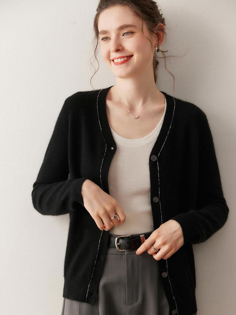 25 Autumn Winter V-Neck Cashmere Knit Color Block Cardigan for Women - Loose Korean Style Sweater Coat