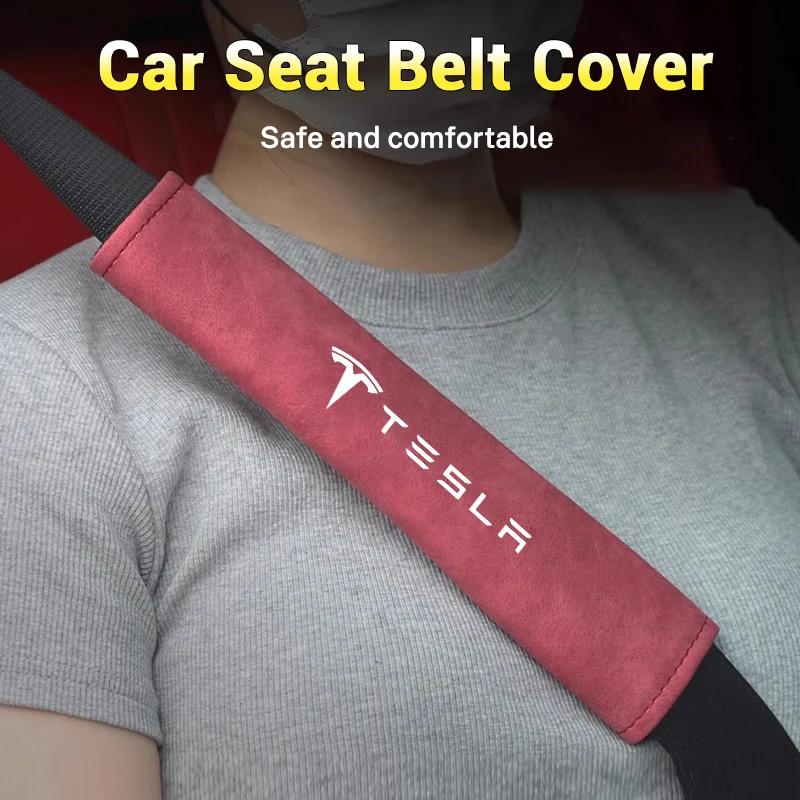 Car Sticker Tesla 2PCS Leather Universal Car Seat Belt Shoulder Cover Pad For Tesla Model 3 Y S X 2021 Roadster Auto Styling Int