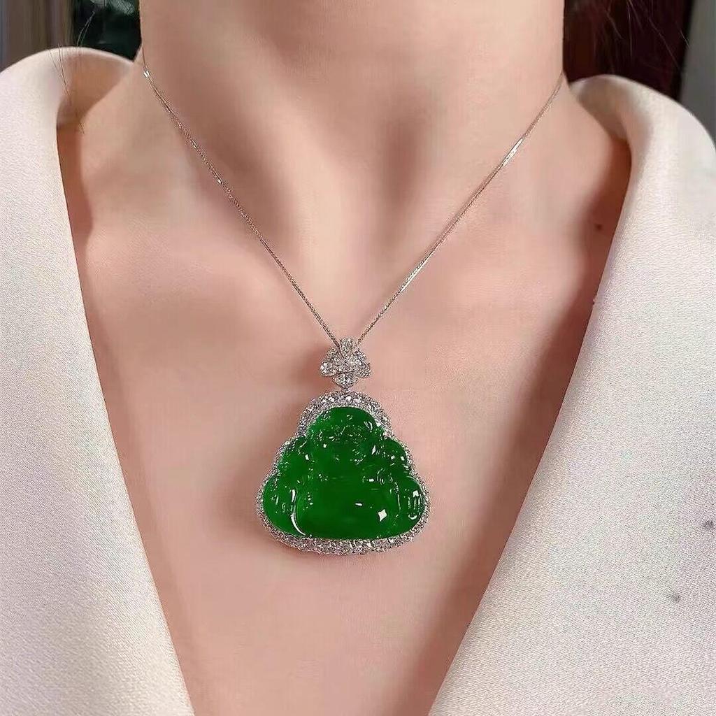 Ice Green Jadeite Laughing Buddha Pendant Necklace - Imperial Green Women's Charm Accessory