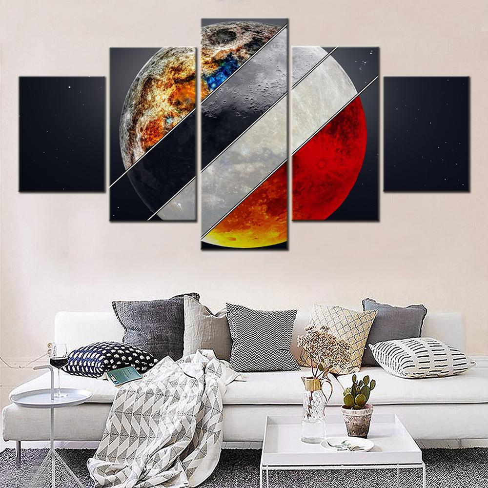 5 Pieces Canvas Wall Arts Poster Painting Space  Mineral Moon Supermoon Wallpaper Home Decor Picture Print Living Room Artwork No Frame