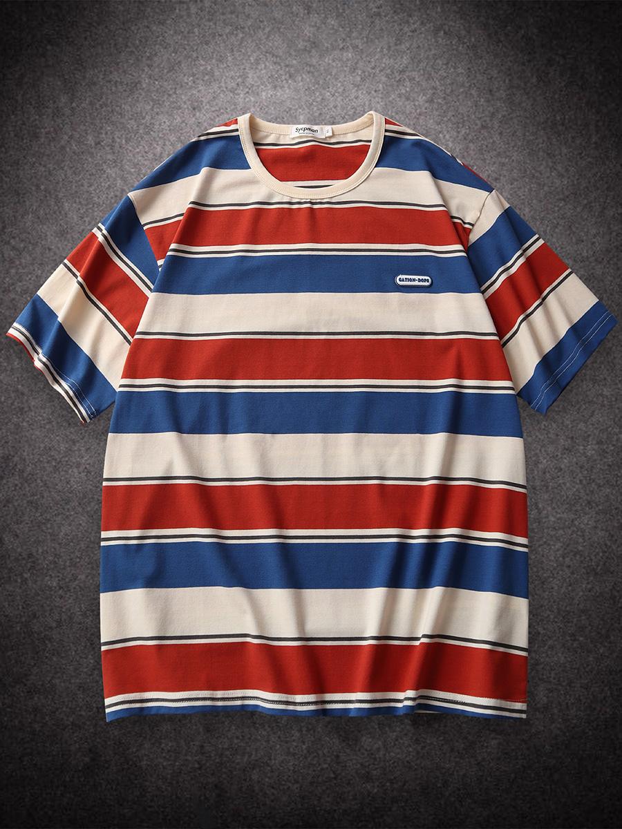 Винтажная полосатая футболка с круглым вырезом и короткими рукавами, летние мужские свободные повседневные футболки, уличная одежда для мужчин XXL красный