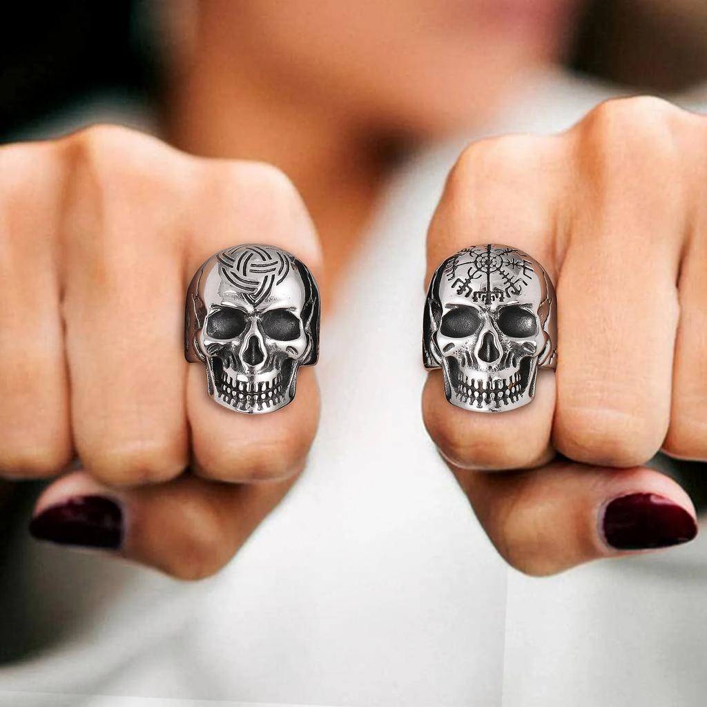 U7 Stainless Steel Big Skull Rings for Man Woman Size 7-14 Cross 3D Skeleton Cuban Chain Celtic Knot Pattern Gothic Punk Jewelry