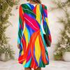Women Criss Cross V Neck Long Sleeve Blue White Printed Fitted Curved Hem Dress