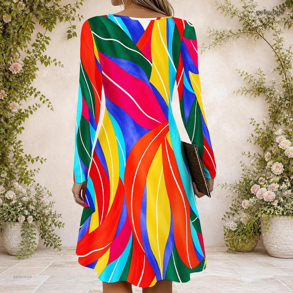 Women Criss Cross V Neck Long Sleeve Blue White Printed Fitted Curved Hem Dress