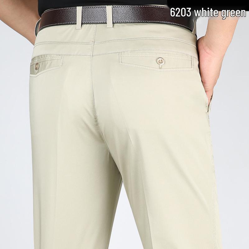 Men's High Waist Tencel Ice Silk Cotton Pants: Spring/Summer Casual, Straight-Leg, Non-Iron, Loose Fit.