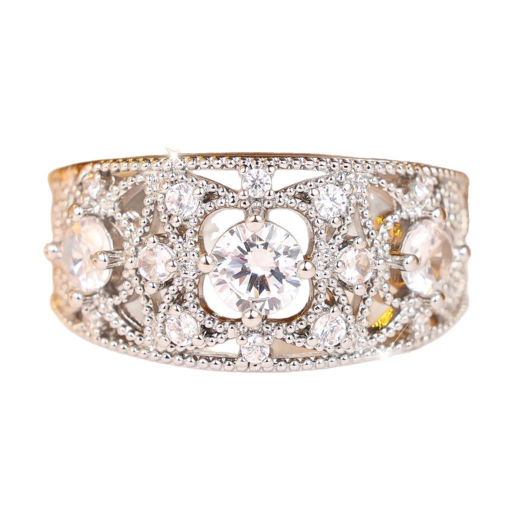 Heavy-duty, intricately carved, vine-patterned, wide ring with full diamond embellishments Light luxury, versatile, multi-layered ring with a central