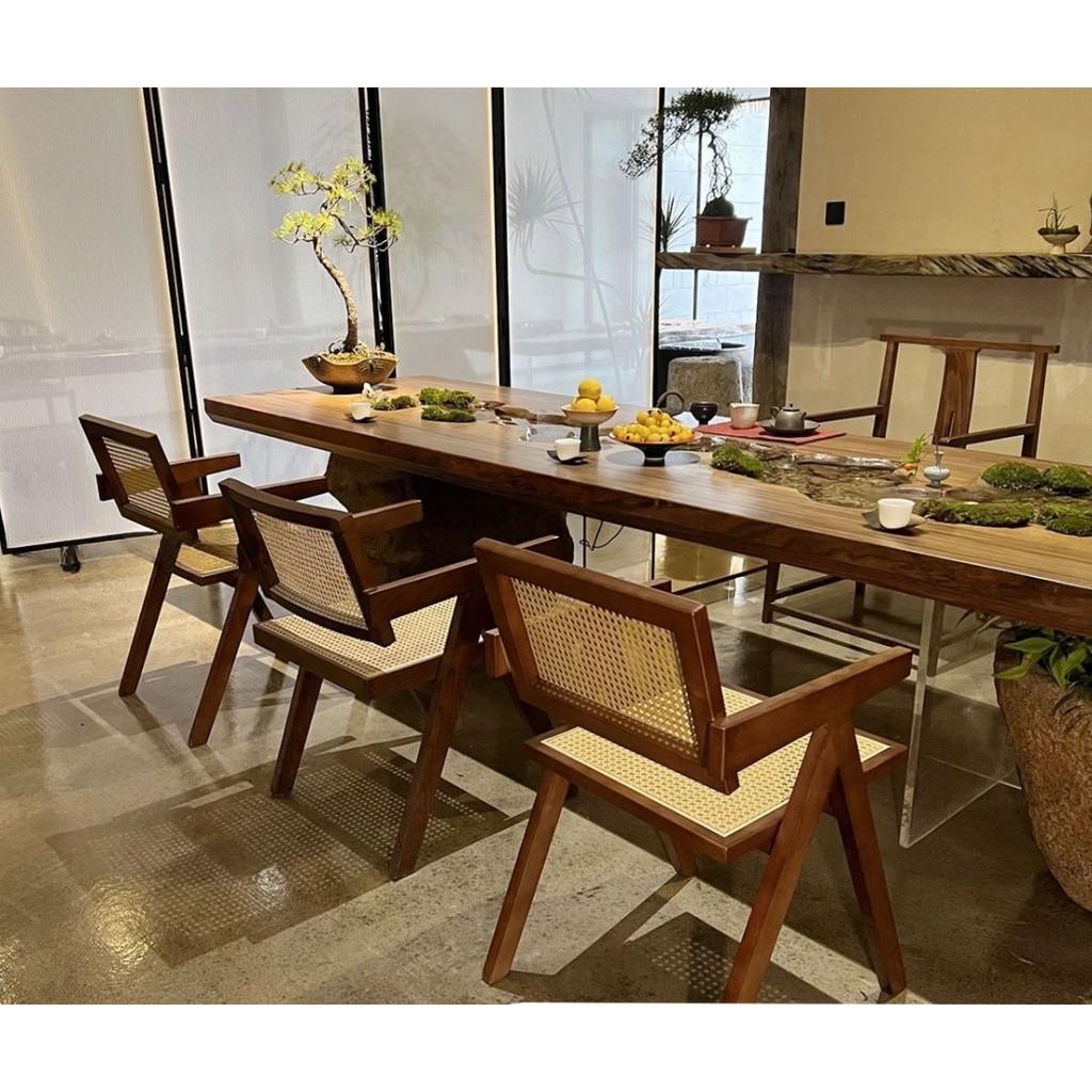 Living Room & Kitchen Wooden Chair with Hand-Woven Rattan Backres Home Leisure Chair Mid-Century Rattan Chairs