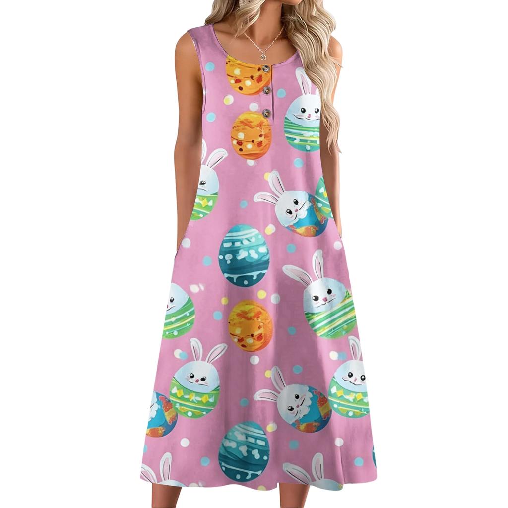 Women Fashion Casual Sleeveless Button Easter Print Dress With Pocket