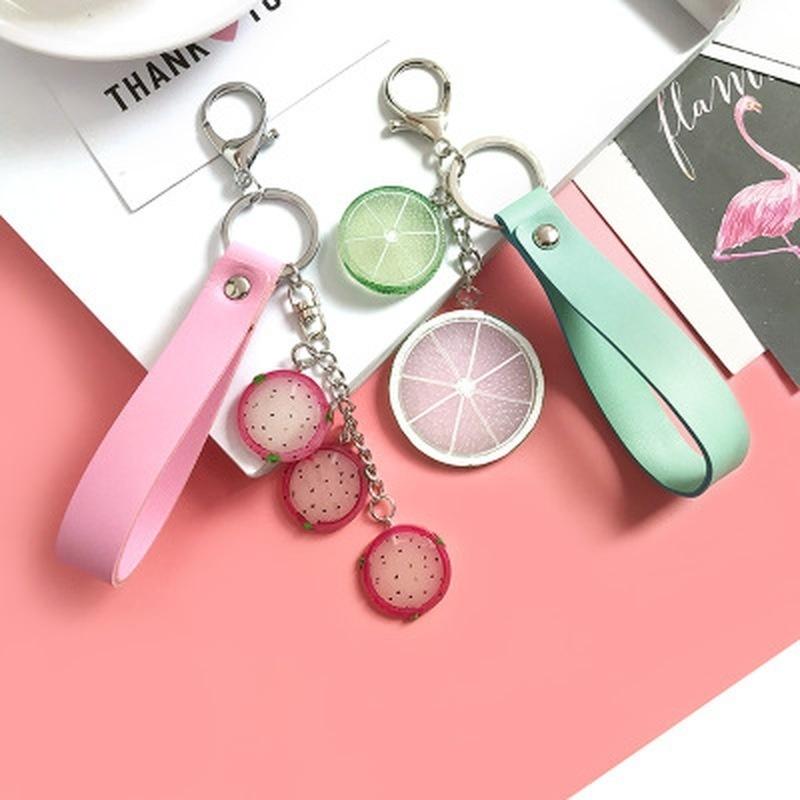 1PCS Creative Fashion Acrylic Fruit Leather Rope Keychain Dragon Fruit Car Keyring