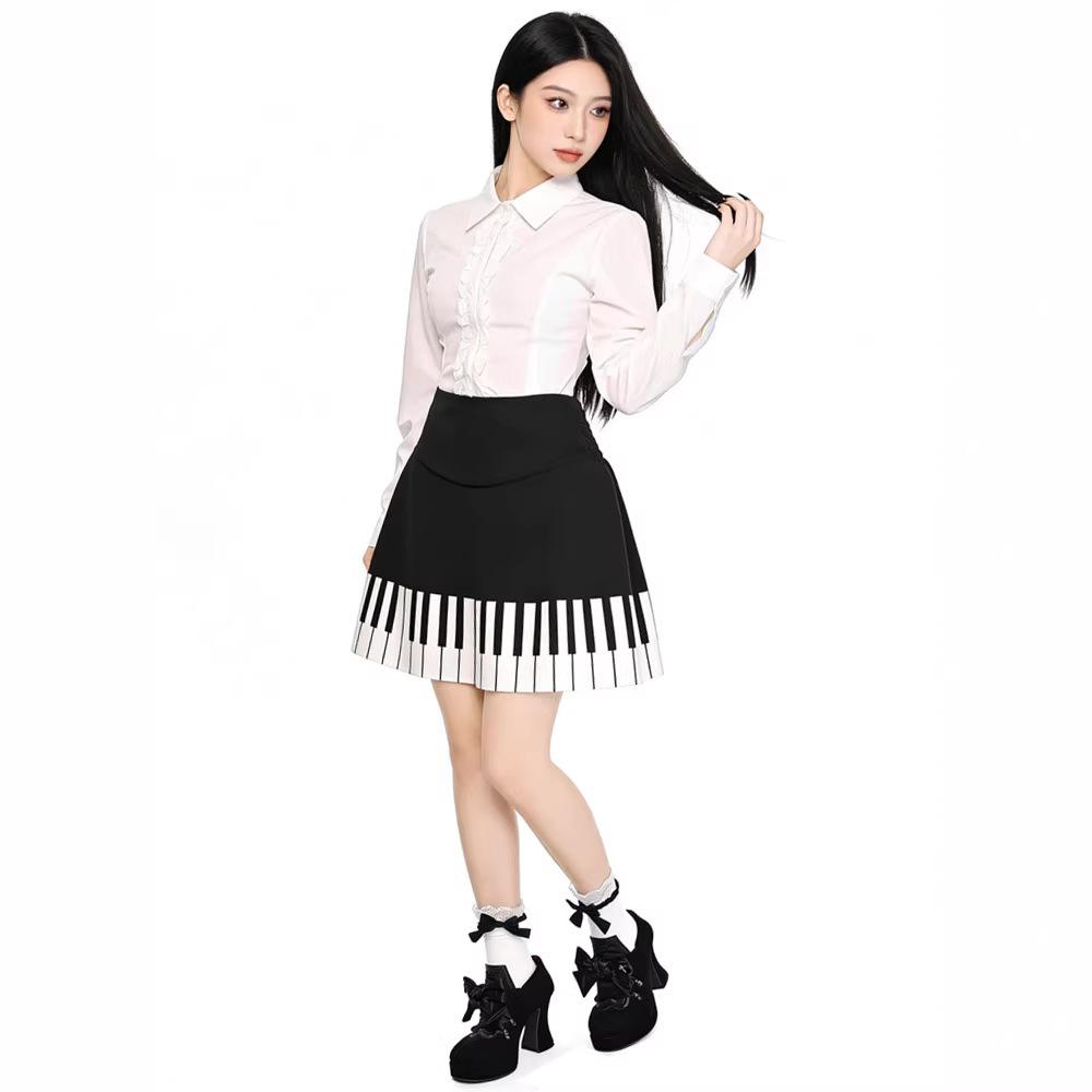 Summer fashion high waist design slim skirt new retro black and white piano casual pleated skirt