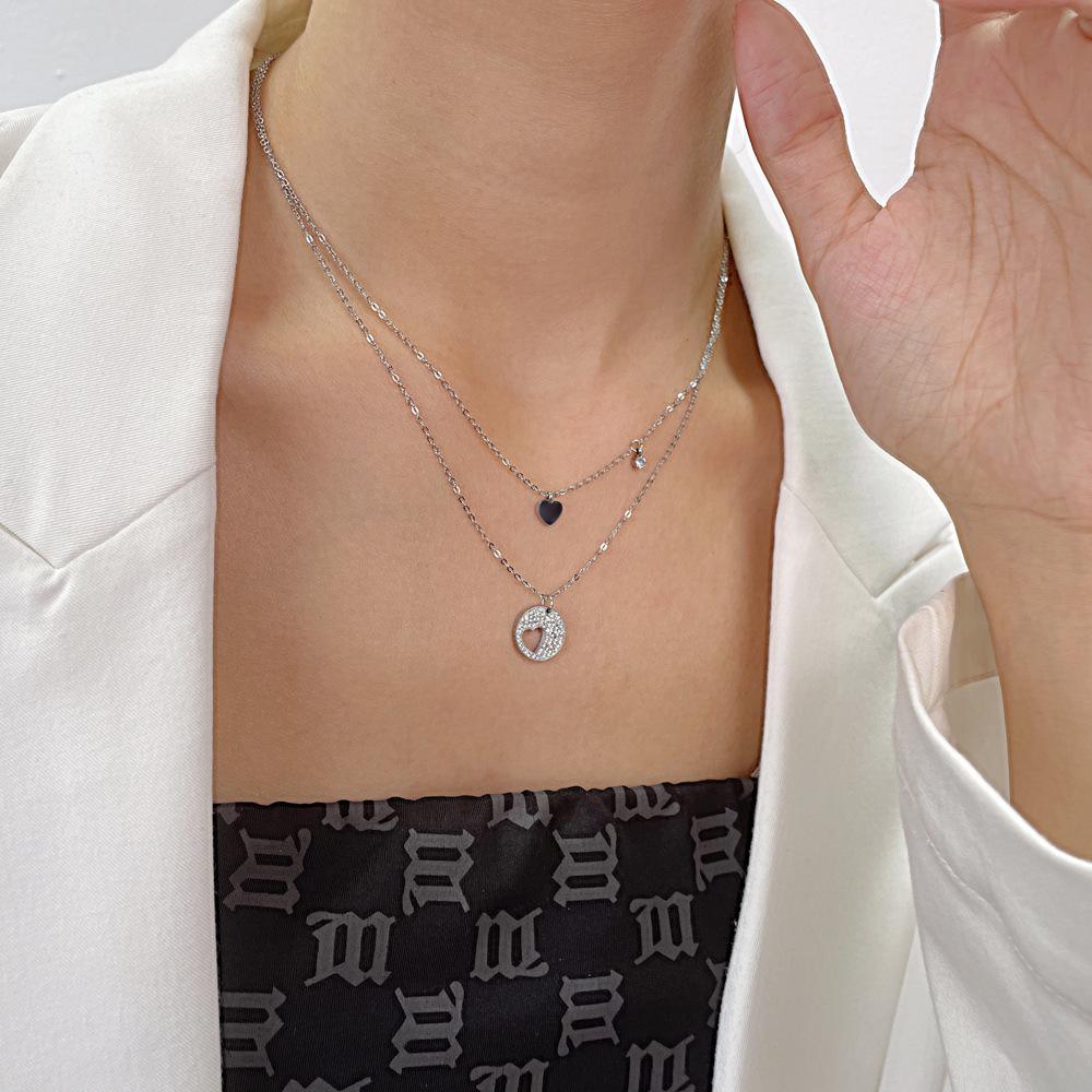 Fashion Niche Titanium Steel Double-Layer Love Versatile Stainless Steel Hollow Full Diamond Necklace Women