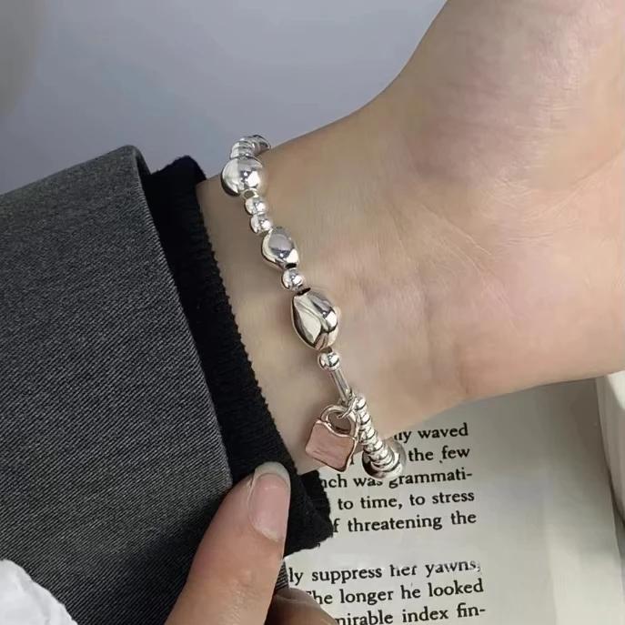 PONYKISS  Sterling Silver Square Pendant Round Bead Charm Bracelets for Women Minimalist Trendy Fine  Accessories