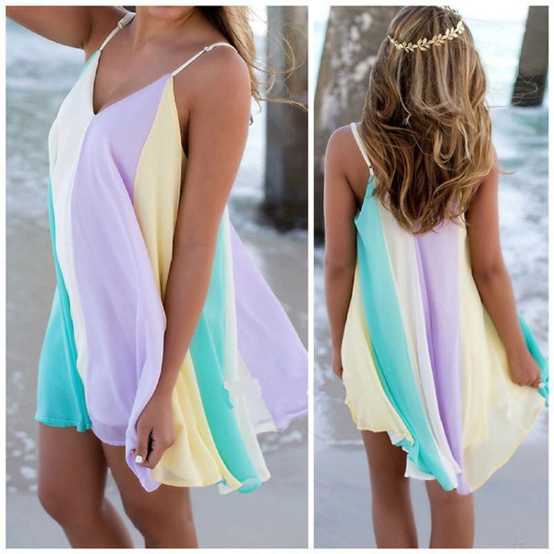 Premium Quality Women Summer Casual Dress Colorful Mini Chiffon Spaghetti Strap