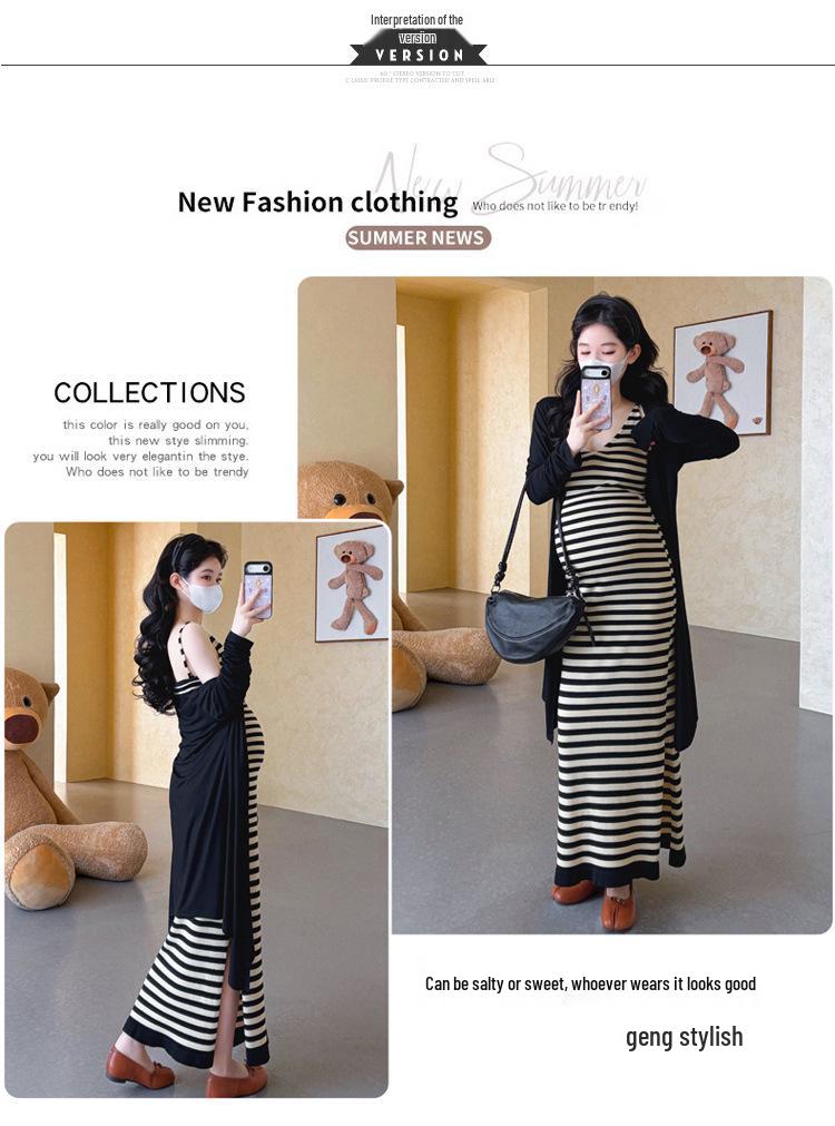 2026 Maternity Summer A-Line Dress: French Striped Spaghetti Strap, Slimming Age-Reducing Style