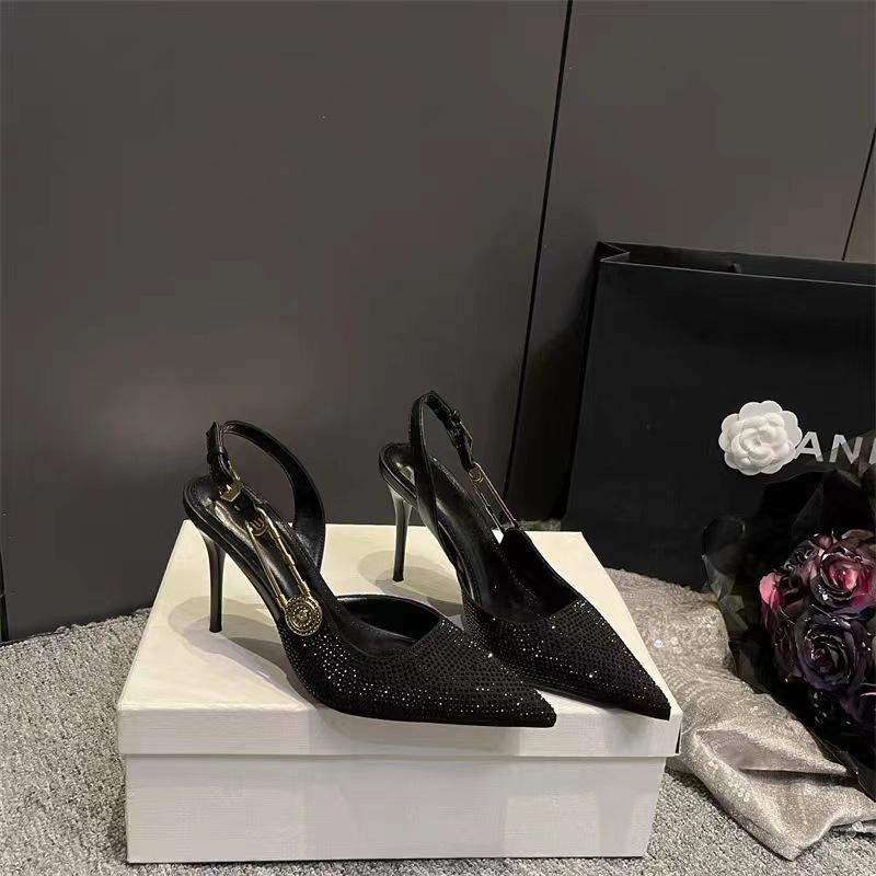 Black high heels women's summer 2024 new sexy rhinestone pointed one-word buckle bag head shallow mouth sandals women