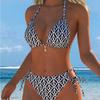1011 New European and American Split Printing Splicing Neck Women's Split Swimsuit Bikini Suit Sexy