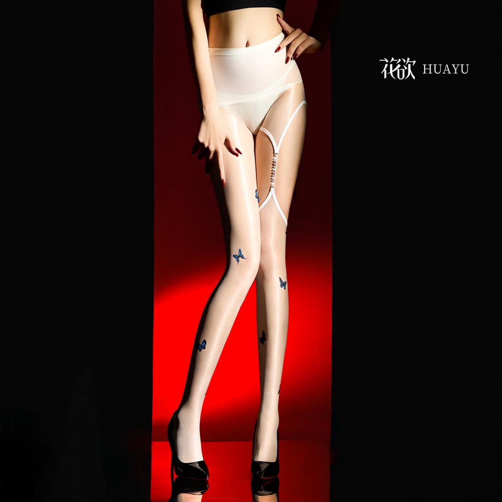 Aurora Dreamweaver Butterfly Diamond Chain Strap Seamless Crotch Glossy Aurora Ultra-Thin Stockings Sexy Black Silk