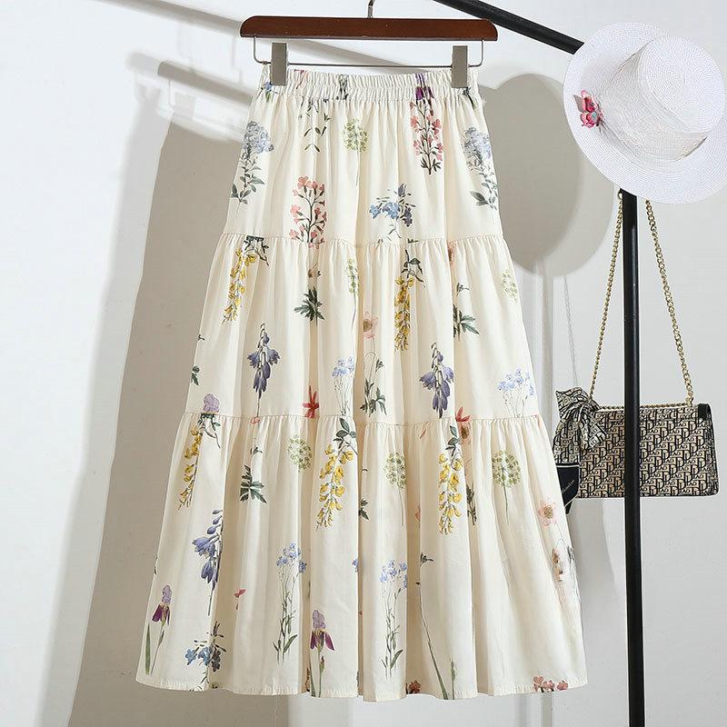 DIMANAF 2025 New Summer Spring Women New Skirts Flower Loose Elastic Waist Pleated Elegant Long Skirts
