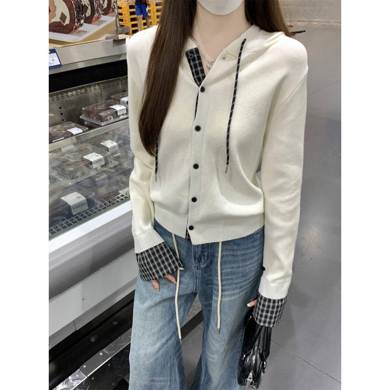 

Fashionable age-reducing cardigan plaid splicing hooded knitted top autumn and winter casual long-sleeved button-up jacket women L абрикосовий