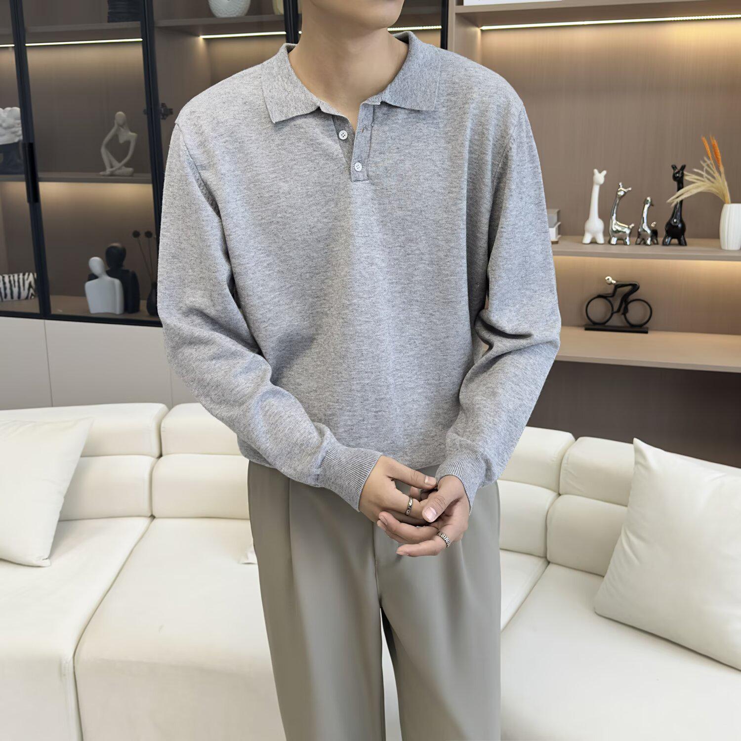 

Men s Winter Black Knitted Polo Sweater with Long Sleeves and Lapel 4XL сірий колір