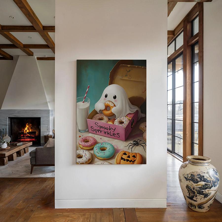 Cute Ghost with Donuts Prints Posters, Spooky Sprinkles Halloween Wall Arts, Funny Halloween Wall Decor Posters, Unframed
